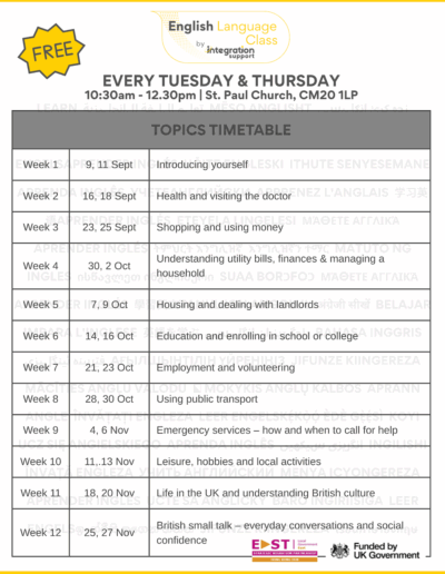 English Language Class timetable